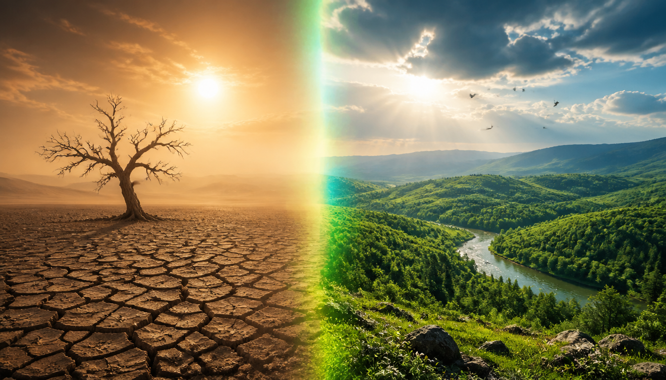 Before and after landscape: barren land becoming a thriving forest